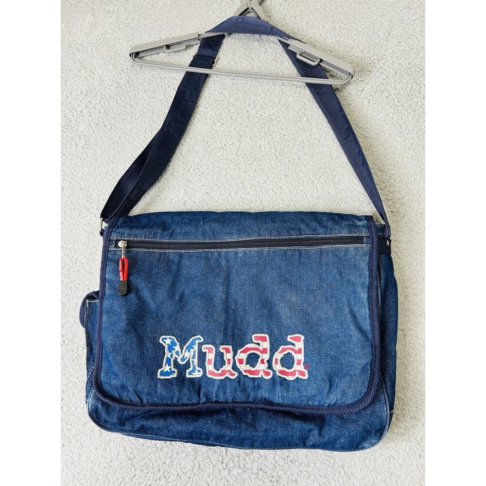 Vintage Y2K Mudd USA Denim Crossbody Messenger Bag Red White Blue Pockets